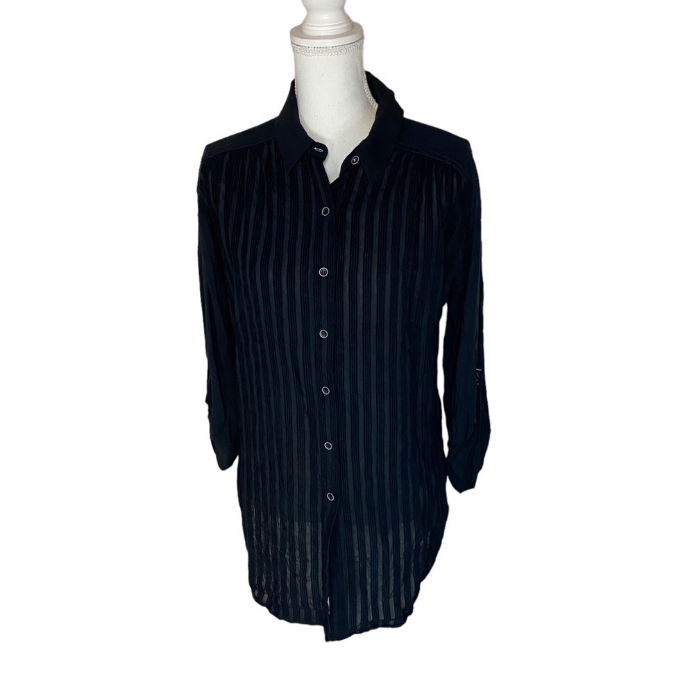 Anthropologie Black Stripe Button Down Tunic Shirt Medium